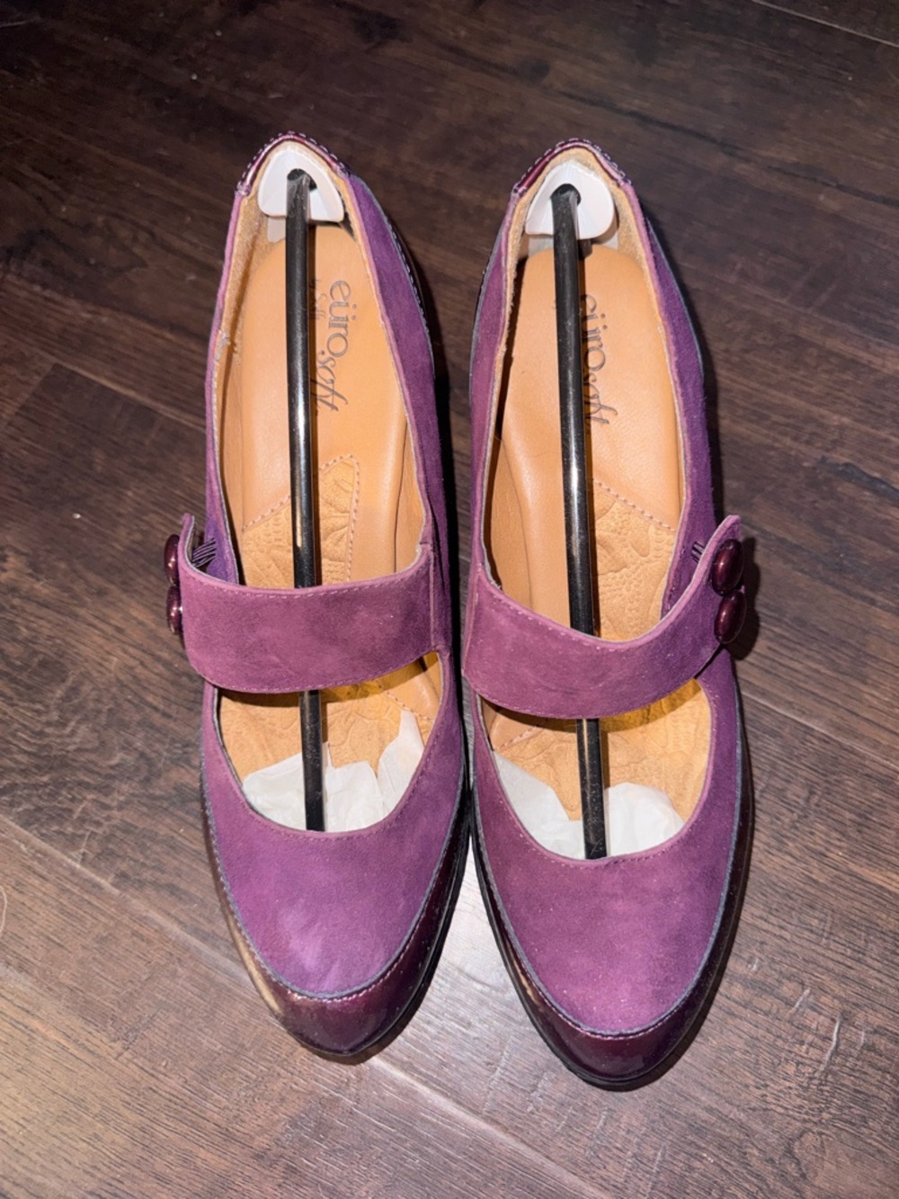 Women’s Purple Suede Mary Jane Flats with Button Strap EuroSoft Buttons Fuschia